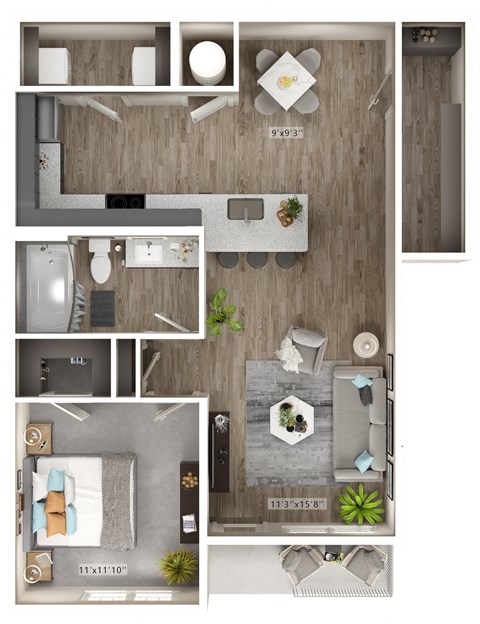 Floor plan for 1 bed, 1 bath, 773 sqft